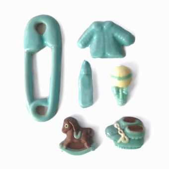 Mixed set (jacket, bootie, rocking horse, rattle, bottle)